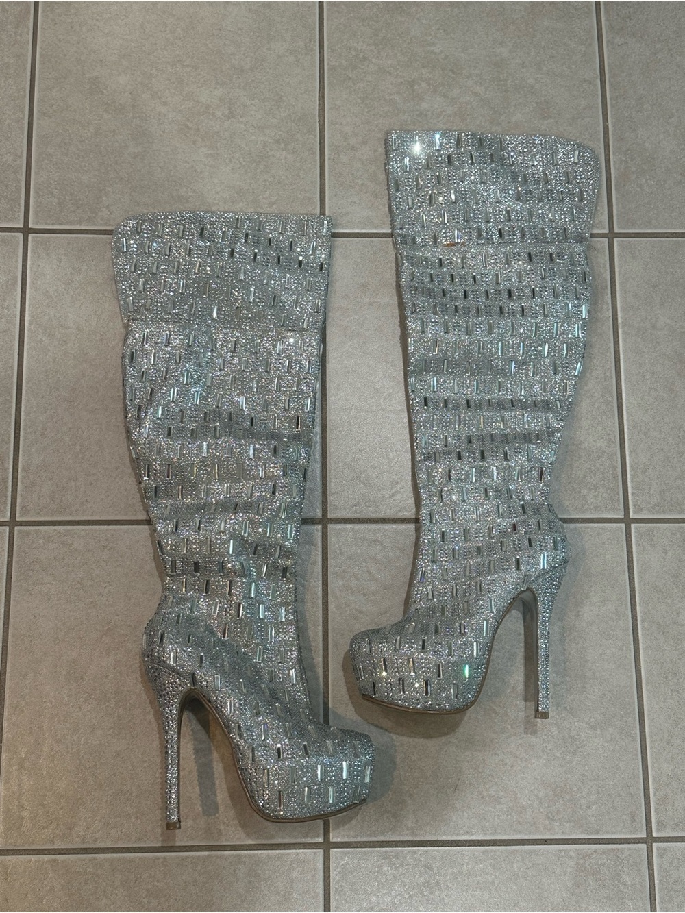 Crystal-Embellished Silver Over-the-Knee Platform Boots